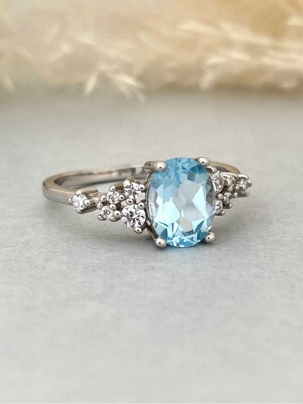 Oval Natural Blue Topaz Sterling Silver Cluster CZ Women’s Engagement Ring